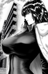  absurdres breasts building city closed_mouth cloud cloudy_sky coat dress female fubuki_(one-punch_man) fur_coat greyscale highres huge_breasts long_sleeves monochrome mostlybluewyatt one-punch_man outdoors profile short_hair sky solo 