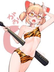  absurdres animal_ears animal_print armpits cat_ears club_(weapon) collarbone commentary_request dated extra_ears female glasses hair_ornament highres holding holding_weapon horns indie_virtual_youtuber kanabou kasai_itsuki kasai_itsuki_(artist) looking_at_viewer medium_hair navel oerba_yun_fang oni_costume open_mouth orange_eyes orange_hair red-framed_eyewear setsubun shirt short_twintails simple_background single-shoulder_shirt skin_fang solo sound_effects spiked_club twintails virtual_youtuber weapon white_background 