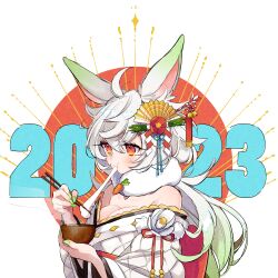  2023 animal_ears blush bowl breasts chinese_zodiac chopsticks eating enpera female food fur_collar green_hair hair_ornament hanae_ao highres holding holding_bowl holding_chopsticks japanese_clothes kanzashi kimono long_hair mochi mochi_trail multicolored_hair nail_polish new_year off_shoulder orange_eyes original rabbit_ears rabbit_girl solo white_hair year_of_the_rabbit zouni_soup 