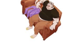  2017 5_fingers anthro biped black_clothing black_shirt black_topwear bottomwear clothed clothing daire301 digital_media_(artwork) eyewear felid fingers footwear fur furniture glasses hi_res jarek_milorad looking_up male mammal open_mouth open_smile overweight pantherine pants purple_clothing red_eyes relaxing sharp_teeth shirt simple_background sitting smile socks sofa solo striped_arm striped_body striped_fur stripes teeth tiger topwear white_background white_body white_clothing white_footwear white_fur white_socks yellow_clothing yellow_footwear yellow_socks 