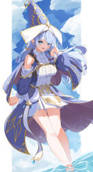  bare_shoulders blue_eyes blue_hair blush braid breast_strap breasts detached_sleeves dress duel_monster elf female frilled_dress frills hat heichi highres large_breasts long_hair looking_at_viewer partially_submerged pointy_ears single_braid solo water_enchantress_of_the_temple witch_hat yu-gi-oh! 