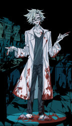  1boy black_pants black_sweater blood blood_on_clothes blood_on_feet blood_on_hands blue_eyes chaka_(balitieta) commentary_request constricted_pupils glasses grey_footwear grey_hair highres indoors kanou_aogu lab_coat long_sleeves looking_at_viewer male_focus open_clothes open_mouth pale_skin pants rectangular_eyewear saibou_shinkyoku semi-rimless_eyewear slippers smile solo sweater 