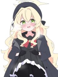  :d beret black_gloves black_hat black_jacket black_pantyhose black_sailor_collar black_serafuku black_shirt black_skirt blonde_hair blue_archive blush clothes_lift commentary_request female frilled_skirt frills gloves green_eyes hair_between_eyes hair_intakes halo hat heavy_breathing highres jacket kujou_karasuma lifting_own_clothes long_hair off_shoulder open_clothes open_jacket pantyhose pleated_skirt professor_niyaniya_(blue_archive) sailor_collar school_uniform serafuku shirt simple_background skirt skirt_lift smile solo very_long_hair white_background 