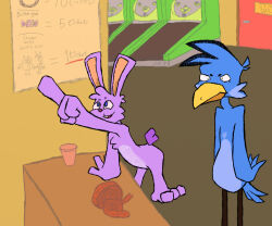  android anthro arcade avian bird blue_jay corvid duo frown hare jay_(bird) lagomorph leporid machine male mammal new_world_jay oscine passerine r-10 rabbit robot skee-ball smile spez_dood spez_trebelli steller&#039;s_jay 