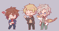  3boys anger_vein atou_haruki black_jacket black_pants blank_eyes blonde_hair blood blood_in_hair blood_on_clothes blue_jacket bright_pupils brown_hair brown_sweater chibi chibi_only closed_eyes closed_mouth commentary_request flying_sweatdrops food fur-trimmed_jacket fur_trim grey_background grey_hair grey_shirt hair_between_eyes hands_up holding holding_food isoi_reiji jacket kanou_aogu lab_coat long_sleeves male_focus medium_hair multiple_boys no_sclera open_clothes open_jacket open_mouth pants pizza pizza_box pizza_slice red_shirt rolling_sleeves_up saibou_shinkyoku shirt short_hair simple_background sweater turtleneck turtleneck_sweater wakasoba white_pupils 