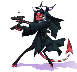  black_clothing black_dress clothing dress female gun handgun helluva_boss hi_res horn imp multicolored_horn nun_habit nun_outfit partyprat_(artist) pistol pistol_holster ranged_weapon red_body red_eyes red_skin religious_clothing shooting simple_background solo weapon yellow_sclera 