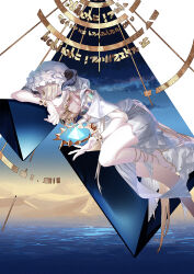  arknights black_horns blonde_hair blue_eyes bracelet chinese_commentary commentary_request crystal dress fantasy female foot_out_of_frame gold gold_bracelet horns jewelry long_hair looking_to_the_side lying magic mizukai nightingale_(arknights) ocean outdoors solo water white_dress 