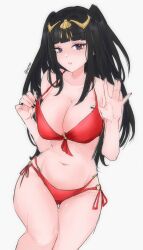  bare_shoulders bikini black_hair black_nails blunt_bangs breasts cleavage clothes_pull english_commentary female fire_emblem fire_emblem_awakening fire_emblem_heroes highres large_breasts long_hair looking_at_viewer navel o-ring o-ring_bikini official_alternate_costume parted_lips purple_eyes red_bikini serafineart1001 solo swimsuit tharja_(fire_emblem) tharja_(summer)_(fire_emblem) tiara twintails twitter_username 