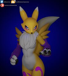  3d_(artwork) anthro bandai_namco black_claws black_sclera blue_background blue_eyes breasts canid canine claws clothing digimon digimon_(species) digital_media_(artwork) female fingers flapcats fur gloves handwear hi_res mammal renamon simple_background solo standing tuft yellow_body yellow_fur 