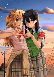  2girls absurdres aihara_academy_school_uniform aihara_mei aihara_yuzu armband black_hair black_necktie blonde_hair bow bowtie braid brown_skirt brown_sweater buttons citrus_(saburouta) clothes_around_waist cloud commentary earrings fingernails green_eyes green_shirt green_vest hair_between_eyes hand_on_another&#039;s_back hand_on_another&#039;s_shoulder highres hoop_earrings inseki jewelry long_hair multiple_girls necktie open_mouth outdoors pink_nails pink_shirt plaid plaid_skirt power_lines purple_eyes red_bow red_bowtie school_uniform shirt skirt sky step-siblings step-sisters sweater sweater_around_waist sweet_reverie utility_pole vest yuri 