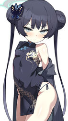  absurdres bare_shoulders black_dress black_hair black_jacket black_panties blue_archive blush breasts butterfly_hair_ornament china_dress chinese_clothes closed_mouth commentary_request covered_navel double_bun dragon_print dress female grey_eyes grey_jacket groin hair_bun hair_ornament halo highres jacket kisaki_(blue_archive) long_hair looking_at_viewer off_shoulder open_clothes open_jacket panties pelvic_curtain pinstripe_jacket pinstripe_pattern print_dress shimejinameko side-tie_panties sleeveless sleeveless_dress small_breasts solo striped twintails underwear very_long_hair 