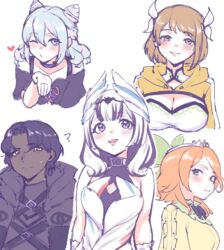  2boys 3girls :d ? absurdres alternate_hair_length alternate_hairstyle bare_shoulders black_shirt blue_eyes blue_hair bow breasts brown_hair choker cleavage commentary cone_hair_bun dark_skin double_bun etie_(fire_emblem) fire_emblem fire_emblem_engage goldmary_(fire_emblem) green_bow green_eyes grin hair_between_eyes hair_bun hairbow heart highres large_breasts looking_at_viewer medium_hair multicolored_hair multiple_boys multiple_girls off-shoulder_shirt off_shoulder orange_hair otoko_no_ko parted_lips purple_choker purple_hair rosado_(fire_emblem) sher_(imnotsher) shirt simple_background smile streaked_hair tiara veyle_(fire_emblem) white_background white_hair yellow_shirt zelkov_(fire_emblem) 