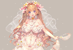  blush bow breasts brown_hair destiny_child dress female flower grey_background hair_flower hair_ornament hairbow hand_on_own_chest heket_(destiny_child) kkuem large_breasts long_hair looking_at_viewer open_mouth pink_bow pink_flower pink_rose purple_eyes rose simple_background smile solo twintails very_long_hair wavy_hair white_dress white_flower yellow_flower 