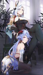  2girls absurdres bare_shoulders black_gloves black_pantyhose blue_hair bodystocking bow breasts chair crossed_legs domination eyes_visible_through_hair feet femdom fingerless_gloves ganyu_(genshin_impact) genshin_impact gloves gong_cha hair_over_one_eye hairbow highres horns kneeling large_breasts long_sleeves md5_mismatch multiple_girls pantyhose plant profile shenhe_(genshin_impact) sitting tassel toeless_legwear toes white_hair wide_sleeves window yuri 