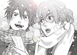  2boys :d blush breath hair_between_eyes holding jacket male_focus medium_hair monochrome multiple_boys official_art ogeretsu_tanaka one_side_up open_mouth paper plaid portrait scarf short_hair smile snow talking teeth thick_eyebrows toono_takashi yaguchi_kyousuke yarichin_bitch-bu 