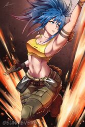  abs bare_shoulders blue_eyes blue_hair breasts cleavage crop_top dog_tags earrings eunnieverse female fingerless_gloves gloves highres jewelry large_breasts leona_heidern long_hair midriff navel pants ponytail solo tank_top the_king_of_fighters the_king_of_fighters_xv triangle_earrings twitter_username 