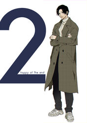  1boy black_eyes black_hair black_pants coat crossed_arms expressionless full_body grey_coat looking_at_viewer male_focus ogeretsu_tanaka original pants parted_bangs plaid plaid_coat shirt shoes short_hair sneakers standing turtleneck white_footwear white_shirt 