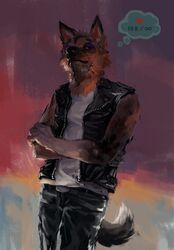  african_wild_dog animal_crossing bedroom_eyes black_body black_bottomwear black_clothing black_fur black_nose black_pants black_tail black_topwear bottomwear brown_body brown_fur canid canine canis clothing crossed_arms digital_media_(artwork) digital_painting_(artwork) fur heart_symbol hi_res jacket kyle_(animal_crossing) leather leather_bottomwear leather_clothing leather_jacket leather_pants leather_topwear looking_at_viewer male mammal multicolored_body multicolored_fur narrowed_eyes nintendo pants portrait purple_body racoonwolf seductive shirt solo tail thought_bubble three-quarter_portrait topwear vest white_body white_clothing white_fur white_shirt white_topwear wolf 