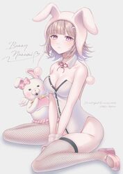  animal_ears bangs banned_artist bare_shoulders blush breasts bunny_ears cleavage danganronpa_(series) danganronpa_2:_goodbye_despair detached_collar fake_animal_ears female fishnet_legwear fishnets flipped_hair hair_ornament hairclip hood large_breasts leotard looking_at_viewer medium_hair nabekokoa nanami_chiaki pink_eyes playboy_bunny solo strapless thighhighs usami_(danganronpa) 