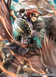  1boy armor axe collared_shirt fire_emblem fire_emblem_awakening fire_emblem_cipher gerome_(fire_emblem) griffin holding holding_axe holding_weapon male_focus mask nagahama_megumi open_mouth outdoors red_hair shirt sitting weapon 