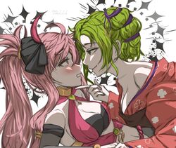  2girls alternate_costume bare_shoulders blush breasts cleavage cosplay dorothea_arnault dorothea_arnault_(cosplay) eye_contact fire_emblem fire_emblem:_the_sacred_stones fire_emblem:_three_houses fire_emblem_heroes green_eyes green_hair hair_between_eyes highres japanese_clothes kimono l&#039;arachel_(fire_emblem) long_hair long_sleeves looking_at_another mariirasuto7 marisa_(fire_emblem) multiple_girls official_alternate_costume pink_eyes pink_hair ponytail red_kimono sideboob upper_body wide_sleeves yuri 