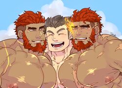  3boys :d abs bara beard blush boy_sandwich dark-skinned_male dark_skin eyebrow_cut facial_hair flaming_eye happy hephaestus_(housamo) highres large_areolae large_pectorals male_focus mature_male multiple_boys muscular muscular_male mustache_stubble nervous_sweating nipples pectoral_docking pectoral_press pectorals protagonist_3_(housamo) sandwiched scar scar_on_chest short_hair smile stubble sweat talos_(housamo) thick_eyebrows tokyo_afterschool_summoners xxx13 yaoi 