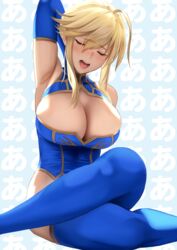  ahoge armpits artoria_pendragon_(fate) artoria_pendragon_(lancer)_(fate) blonde_hair blue_legwear blush braid braided_bun breasts cleavage cleavage_cutout closed_eyes clothing_cutout commentary_request eyelashes fate/grand_order fate_(series) female hair_bun highleg highleg_leotard highres indian_style large_breasts leotard open_mouth round_teeth sidelocks sitting solo teeth yamaneko_(tkdrumsco) 