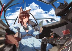  aircraft airplane animal_ear_fluff animal_ears belt bird breasts brown_hair cleavage cockpit extra_ears female highres imaizumi_kagerou jewelry kagami_toufu leather_belt lever long_hair map me_262 monster_girl necklace oerba_yun_fang outdoors pendant red_eyes sky tail touhou wolf_ears wolf_tail 