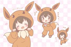  &gt;_&lt; blush blush_stickers brown_eyes brown_hair checkered_background closed_eyes commentary_request cosplay eevee eevee_(cosplay) eyelashes female hands_up heart holding holding_poke_ball hood hood_up kigurumi mitarashi_neko multiple_views open_mouth paw_pose poke_ball poke_ball_(basic) poke_kid_(pokemon) pokemon pokemon_swsh smile translation_request 