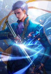  1boy ascot black_gloves blue_coat blue_eyes blue_pants closed_mouth coat commentary cowboy_shot devil_may_cry_(series) devil_may_cry_3 fan_yang_(jiuge) fingerless_gloves glint gloves grey_hair highres holding holding_sheath holding_sword holding_weapon katana long_sleeves looking_at_viewer male_focus pants photoshop_(medium) rain scabbard sheath short_hair solo standing sword trench_coat unsheathing vergil_(devil_may_cry) weapon wet_face yamato_(sword) 