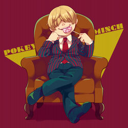  1boy ahoge armchair black_footwear black_pants blonde_hair candy chair character_name collared_shirt commentary crossed_legs eating evil_smile fat food formal hair_over_eyes hand_on_own_cheek hand_on_own_face jacket lollipop long_sleeves male_focus mother_(game) mother_2 necktie open_mouth pants parted_lips porky_minch red_necktie shifumame shirt sitting smile smirk solo striped_suit suit suit_jacket swirl_lollipop teeth white_shirt 