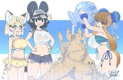  3girls ^^^ african_wild_dog_(kemono_friends) african_wild_dog_print alternate_breast_size alternate_costume animal_ears animal_print arms_at_sides arms_up bactrian_camel_(kemono_friends) bare_arms bare_shoulders baseball_cap bikini bikini_skirt black_hair blonde_hair breasts brown_eyes brown_hair bun_cover camel_ears camel_girl camel_tail cat_ears cat_girl cat_tail clothes_writing collarbone commentary_request contemporary cutoffs denim denim_shorts destruction dog_ears dog_girl dog_tail double_bun drawstring extra_ears frilled_bikini frills front-seamed_legwear front-tie_bikini_top front-tie_top grey_hair hair_bun halterneck hands_on_own_hips hat height_difference highres holding huge_breasts kemono_friends large_breasts light_brown_hair long_hair looking_at_another looking_at_object medium_breasts medium_hair micro_shorts midriff multicolored_hair multiple_girls navel open_clothes open_fly open_mouth open_shorts orange_eyes pocket pouring print_bikini print_swimsuit sand sand_castle sand_cat_(kemono_friends) sand_sculpture scrunchie seamed_legwear see-through shirt short_shorts shorts side-tie_bikini_bottom sidelocks sleeveless sleeveless_shirt smile standing stomach surprised swimsuit tail tareme tied_shirt unbuttoned unzipped v-shaped_eyebrows very_long_hair water white_hair wrist_scrunchie yoshida_hideyuki zipper 