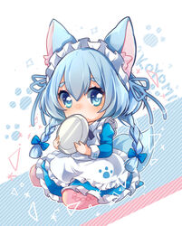  alternate_costume animal_ear_fluff animal_ears apron blue_bow blue_eyes blue_hair bow braid character_name covered_mouth female firuo_(king_fish) hair_between_eyes hairbow holding holding_plate koyomi_(shironeko_project) light_blue_hair looking_at_viewer maid maid_apron maid_headdress paw_print pink_legwear plate shironeko_project short_hair sitting solo tail thick_eyebrows twin_braids wariza wolf_ears wolf_girl wolf_tail 