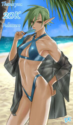  beach bikini blue_bikini blue_sky breasts celewen collarbone commentary_request day drill_(emilio) elf english_text female food food_in_mouth green_hair grey_jacket hand_on_own_hip highres jacket looking_at_viewer milestone_celebration navel off_shoulder original outdoors palm_tree pointy_ears popsicle popsicle_in_mouth sand short_hair single_bare_shoulder sky small_breasts solo stomach swimsuit thank_you tree wide_sleeves yellow_eyes 