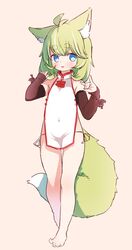  ahoge animal_ear_fluff animal_ears babalilo babalilo_(babalilo) bad_id bad_twitter_id barefoot black_sleeves blue_eyes china_dress chinese_clothes detached_sleeves dress eyebrows feet female fox_ears fox_girl fox_shadow_puppet fox_tail full_body green_hair highres inactive_account legs original panties pink_background shadow_puppet short_dress short_hair side-tie_panties simple_background smile solo tail thighs toes underwear white_dress white_panties 