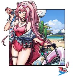  ambriel_(arknights) ambriel_(holiday)_(arknights) arknights beach beach_chair beach_umbrella black_collar blush breasts bullet_hole cactus can casual_one-piece_swimsuit cleavage closed_mouth collar commentary covered_navel cowboy_shot day drink_can eyewear_on_head female frilled_one-piece_swimsuit frills heart heart-shaped_eyewear high_ponytail holding holding_can holding_suitcase infection_monitor_(arknights) innertube jewelry kuroinu9 long_hair looking_at_viewer necklace ocean off_shoulder official_alternate_costume one-piece_swimsuit one_eye_closed outdoors outside_border pink-tinted_eyewear pink_hair pink_scrunchie purple_eyes red_nails red_one-piece_swimsuit rolling_suitcase scrunchie shirt sidelocks sky sleeveless sleeveless_shirt soda_can solo suitcase swim_ring swimsuit thigh_strap tied_shirt tinted_eyewear umbrella white_shirt wrist_scrunchie 