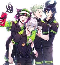  4boys black_hair blue_hair closed_eyes commentary deretta diagonal_bangs fangs green_eyes green_hair grey_eyes grey_hair horns lilia_vanrouge long_sleeves male_focus malleus_draconia multicolored_hair multiple_boys nail_polish night_raven_college_gym_uniform pale_skin phone pink_hair pointy_ears protected_link sebek_zigvolt selfie silver_(twisted_wonderland) smile smirk sweater twisted_wonderland visor_cap 