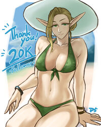  bare_arms bare_shoulders bikini blonde_hair bracelet breasts collarbone commentary_request dinelind_(drill_(emilio)) drill_(emilio) elf english_text female front-tie_bikini_top front-tie_top green_bikini green_eyes hair_bun hair_up hat highres jewelry large_breasts looking_at_viewer milestone_celebration navel original pointy_ears smile solo stomach sun_hat swimsuit thank_you thighs white_hat 