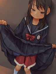  brown_eyes brown_hair clothes_lift commentary female lifting_own_clothes looking_at_viewer name_tag original santa_costume school_uniform serafuku shorts shorts_under_skirt skirt skirt_lift smug solo tessaku_ro 