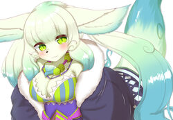  :3 animal_ears animal_nose blonde_hair blue_hair blush breasts cleavage closed_mouth female fullbokko_heroes furry furry_female gradient_hair green_hair highres horokusa_(korai) jewelry large_breasts long_hair looking_at_viewer multicolored_hair necklace smile snow_lion_(fullbokko_heroes) solo tail 