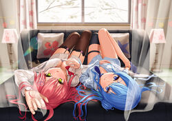  2girls :o :q absurdres ahoge asakura_(asa_t77) ascot bed black_thighhighs blue_ascot blue_eyes blue_hair bow breasts brown_thighhighs commentary_request curtains day garter_straps green_eyes hair_bun hair_ornament highres hololive hoshimachi_suisei hoshimachi_suisei_(school_uniform) lamp legs long_hair looking_at_viewer lying medium_breasts micomet_(hololive) multiple_girls no_pants no_shoes official_alternate_costume on_back on_bed open_mouth pillow pink_hair red_bow sakura_miko sakura_miko_(casual) shirt single_thighhigh small_breasts smile sunlight thigh_strap thighhighs tongue tongue_out virtual_youtuber wavy_hair white_shirt window 