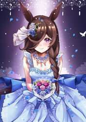  animal_ears blue_dress blue_flower blue_rose bouquet braid brown_hair commentary_request dress female flower hair_flower hair_ornament hair_over_shoulder highres holding holding_bouquet horse_ears horse_girl long_hair looking_at_viewer official_alternate_costume official_alternate_hairstyle purple_eyes rice_shower_(longed-for_scenery)_(umamusume) rice_shower_(umamusume) rose setu_(shining12) single_braid sleeveless sleeveless_dress smile solo umamusume wedding_dress white_flower white_rose 