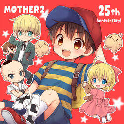  4boys anniversary black_hair blonde_hair blue_eyes brown_eyes brown_hair chana_gon commentary doseisan dougi dress english_text female full_body game_console glasses green_eyes highres jeff_andonuts mother_(game) mother_2 multiple_boys necktie ness_(mother_2) open_mouth paula_(mother_2) pink_dress poo_(mother_2) school_uniform shirt smile striped_clothes striped_shirt stuffed_animal stuffed_toy super_nintendo teddy_bear teddy_bear_(mother_2) tony_(mother_2) 