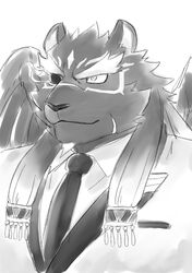  clothing felid half-length_portrait hi_res lifewonders male mammal monochrome pantherine portrait solo srw225we suit tezcatlipoca_(tas) tokyo_afterschool_summoners wings 