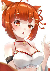  ahoge animal_ear_fluff animal_ears arm_strap bell blunt_bangs blush bob_cut breasts choker cleavage commentary crop_top ear_ornament female hair_ornament hairclip halterneck highres karefu looking_at_viewer medium_breasts neck_bell nijisanji ratna_petit ratna_petit_(2nd_costume) red_choker red_eyes red_panda_ears shirt short_hair simple_background solo upper_body v virtual_youtuber white_background white_shirt x_hair_ornament 