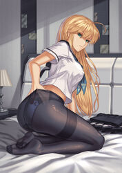  adjusting_clothes adjusting_legwear ahoge alternate_hairstyle artoria_pendragon_(fate) ass black_pantyhose blonde_hair blue_ribbon blue_skirt breasts fate/grand_order fate/stay_night fate_(series) feet female full_body green_eyes hair_between_eyes hair_ribbon highres long_hair looking_at_viewer medium_breasts nairobi_song necktie no_shoes on_bed panties panties_under_pantyhose pantyhose photoshop_(medium) ribbon saber_(fate) school_uniform seiza shirt short_sleeves sidelocks sitting skirt smile solo thighband_pantyhose underwear unworn_skirt white_panties 