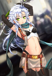  antenna_hair armpits arms_up black_bra black_gloves black_thighhighs blurry bra breasts cowboy_shot crop_top dagger depth_of_field eiyuu_densetsu elbow_gloves esther_shen female fie_claussell fingerless_gloves gloves green_eyes hajimari_no_kiseki highleg knife long_hair looking_at_viewer midriff miniskirt navel o-ring o-ring_top scarf sen_no_kiseki shirt side_slit skirt sleeveless sleeveless_shirt small_breasts solo standing stomach thighhighs underwear vest weapon white_hair white_shirt white_skirt 