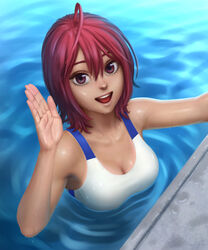  ahoge bokutachi_wa_benkyou_ga_dekinai breasts cleavage competition_swimsuit dark-skinned_female dark_skin female gohpot hair_between_eyes looking_at_viewer medium_breasts one-piece_swimsuit open_mouth partially_submerged purple_eyes red_hair short_hair solo swimsuit takemoto_uruka water waving wet white_one-piece_swimsuit 