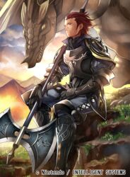  1boy armor axe collared_shirt fire_emblem fire_emblem_awakening fire_emblem_cipher gerome_(fire_emblem) holding holding_axe holding_weapon male_focus mask minerva_(fire_emblem_awakening) mountain mountainous_horizon nagahama_megumi outdoors red_hair shirt sitting unworn_mask weapon 