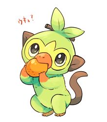  biting black_eyes commentary_request eating food fruit full_body grookey holding holding_food holding_fruit mizuto_(o96ap) monkey no_humans orange_(fruit) pokemon pokemon_(creature) simple_background solo sound_effects standing translated white_background 